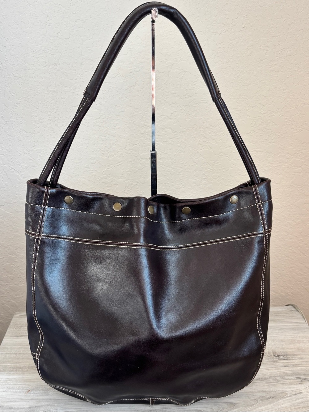 Furla Vintage Espresso Brown Leather Slouchy Snap Hobo Shoulder Bag Purse Tote